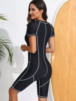 Contrast Stitch Zip Front Boyleg Athletic Swimsuit