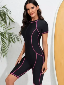 Contrast Stitch Zip Front Boyleg Athletic Swimsuit