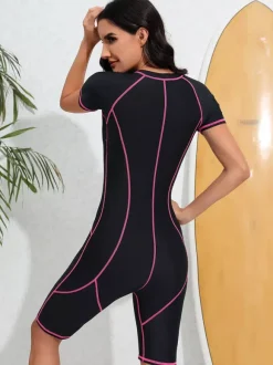 Contrast Stitch Zip Front Boyleg Athletic Swimsuit