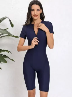 Contrast Stitch Zip Front Boyleg Athletic Swimsuit