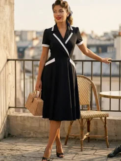 Contrast Trim Lapel Collar Double Pocket A Line Retro Tea Dress For Women 2026