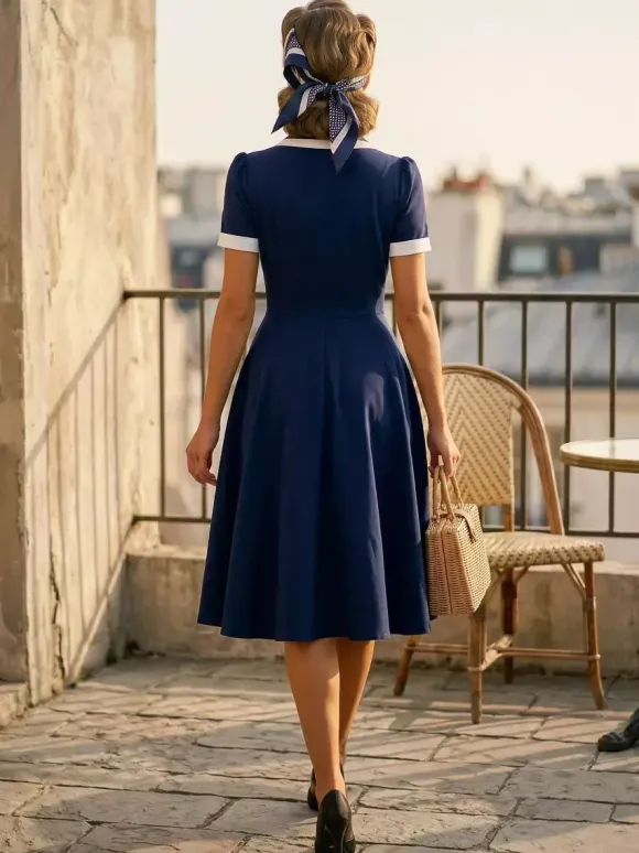 Contrast Trim Lapel Collar Double Pocket A Line Retro Tea Dress For Women 2026
