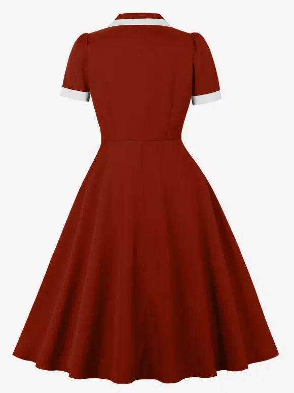 Contrast Trim Lapel Collar Double Pocket A Line Retro Tea Dress For Women 2026