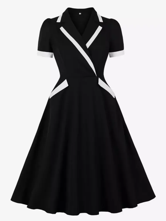 Contrast Trim Lapel Collar Double Pocket A Line Retro Tea Dress For Women 2026