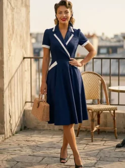 Contrast Trim Lapel Collar Double Pocket A Line Retro Tea Dress For Women 2026