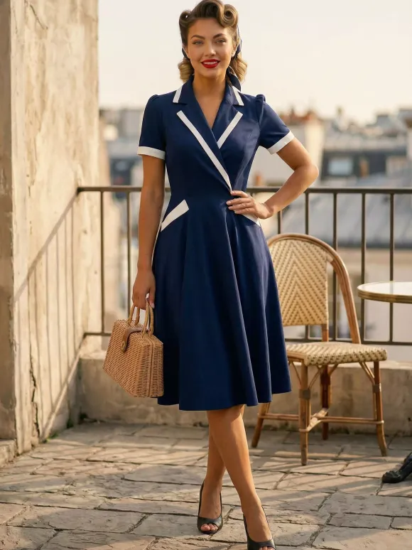Contrast Trim Lapel Collar Double Pocket A Line Retro Tea Dress For Women 2026