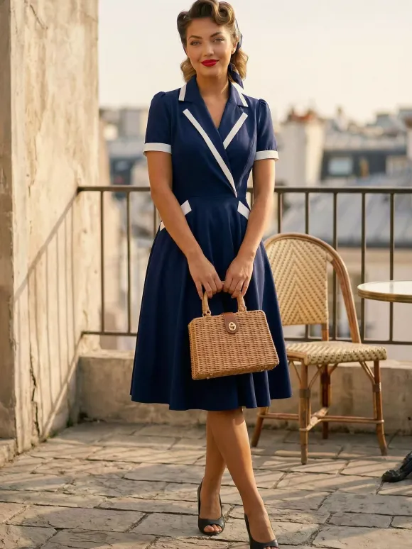 Contrast Trim Lapel Collar Double Pocket A Line Retro Tea Dress For Women 2026