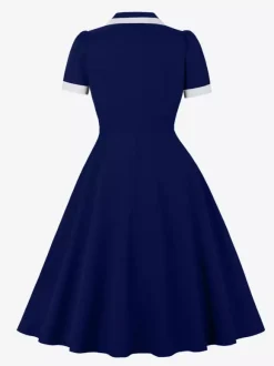 Contrast Trim Lapel Collar Double Pocket A Line Retro Tea Dress For Women 2026