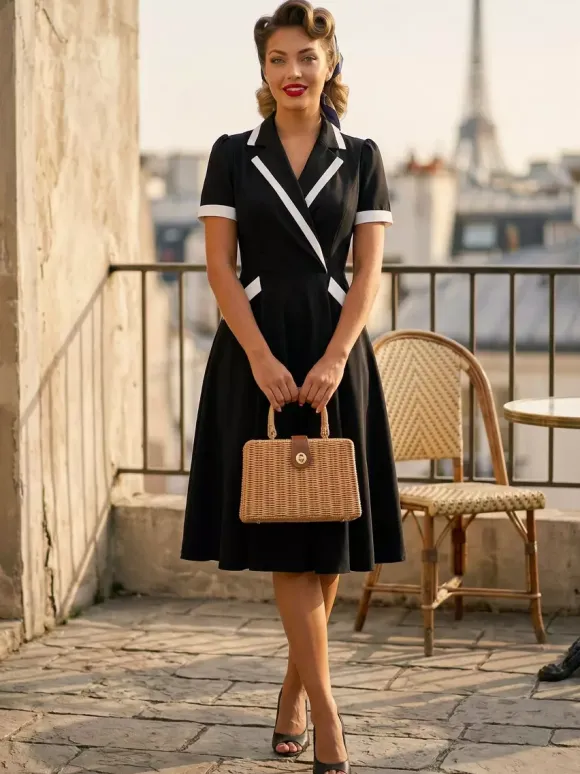 Contrast Trim Lapel Collar Double Pocket A Line Retro Tea Dress For Women 2026