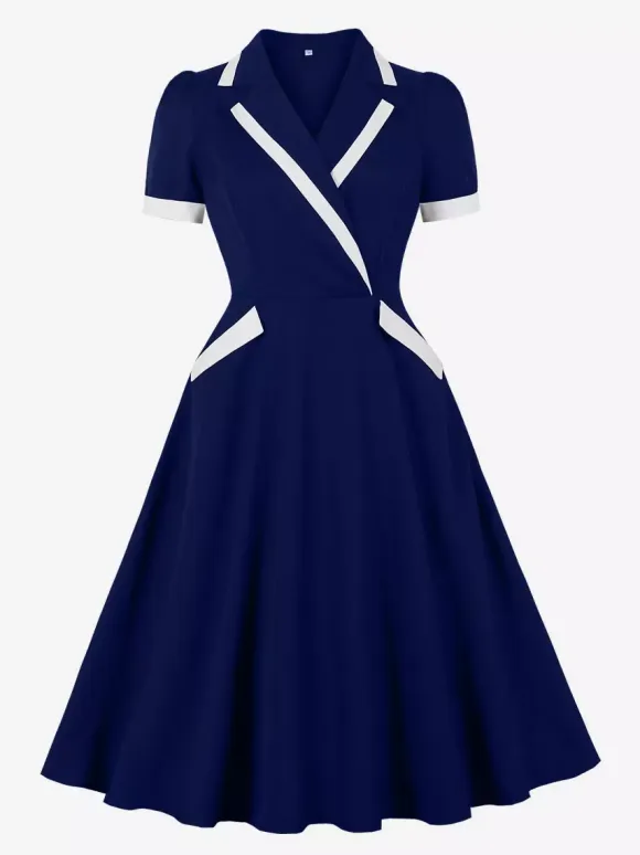 Contrast Trim Lapel Collar Double Pocket A Line Retro Tea Dress For Women 2026