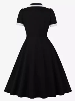Contrast Trim Lapel Collar Double Pocket A Line Retro Tea Dress For Women 2026