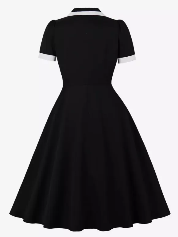 Contrast Trim Lapel Collar Double Pocket A Line Retro Tea Dress For Women 2026