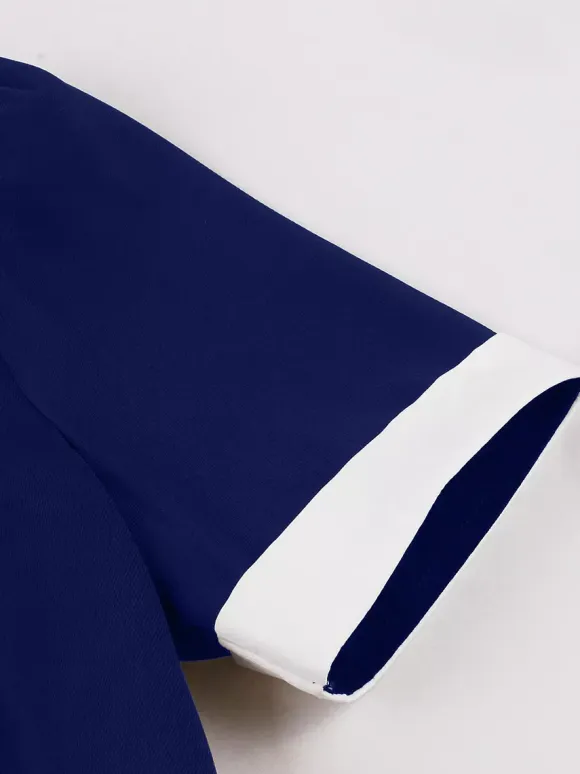 Contrast Trim Lapel Collar Double Pocket A Line Retro Tea Dress For Women 2026