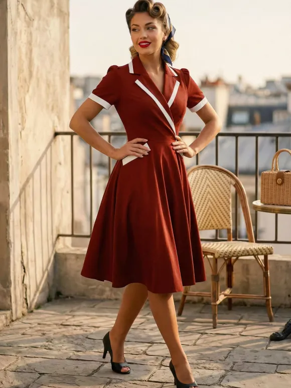 Contrast Trim Lapel Collar Double Pocket A Line Retro Tea Dress For Women 2026