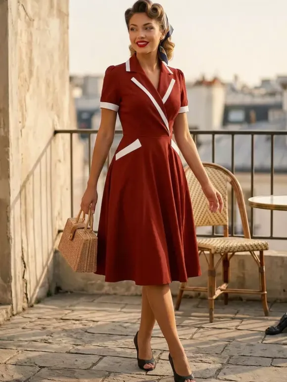 Contrast Trim Lapel Collar Double Pocket A Line Retro Tea Dress For Women 2026