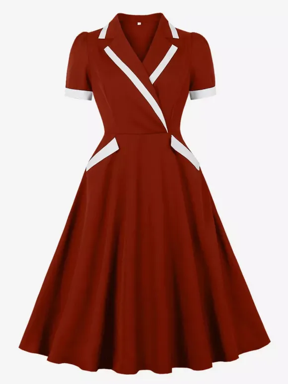 Contrast Trim Lapel Collar Double Pocket A Line Retro Tea Dress For Women 2026