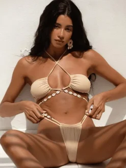 Convertible Halter Bikini Top And G String Bottom 2 Pieces Set In Solid Color