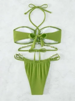 Convertible Halter Bikini Top And G String Bottom 2 Pieces Set In Solid Color