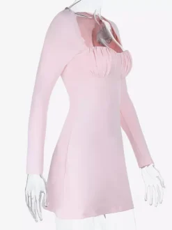 Coquette Bodycon Mini Dress For Women - Pastel Pink Long Sleeve Ruched Bust - Spring Brunch Date Night Outfits 2026