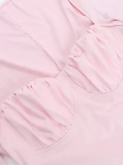 Coquette Bodycon Mini Dress For Women - Pastel Pink Long Sleeve Ruched Bust - Spring Brunch Date Night Outfits 2026