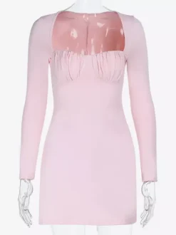 Coquette Bodycon Mini Dress For Women - Pastel Pink Long Sleeve Ruched Bust - Spring Brunch Date Night Outfits 2026