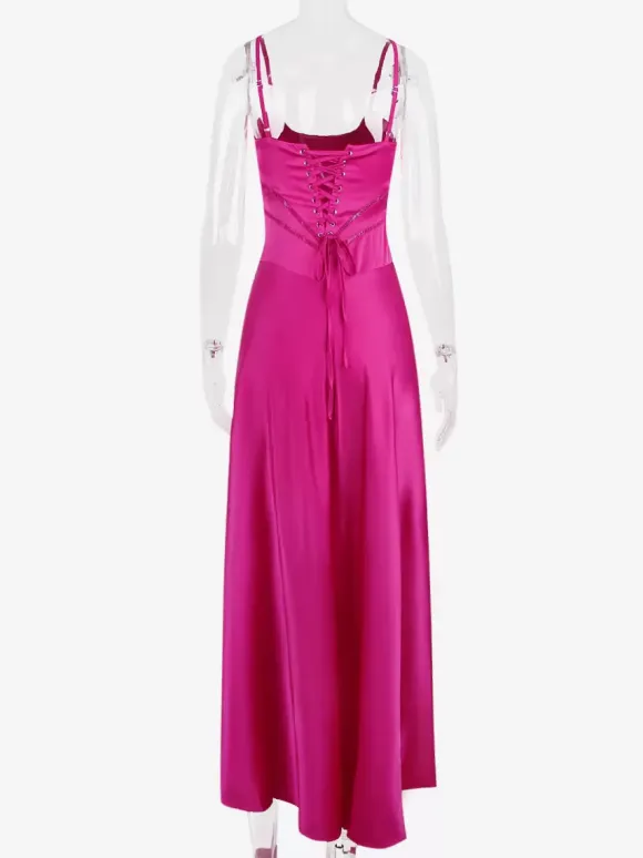 Corest Maxi Dress Adjustable Spaghetti Straps Backless Lace Up Prom Dresses