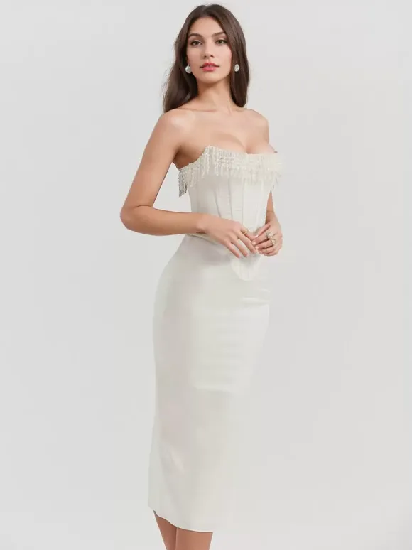 Corset Dress Fringe Pleated Lace-up Back Prom Birthday Party Midi Dresses