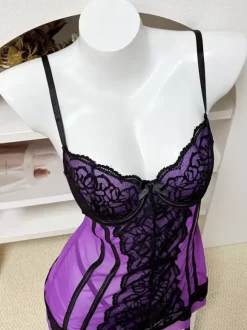 Corset Lingerie Purple Mesh Black Lace Underwire Waist Cinching Bustier Top