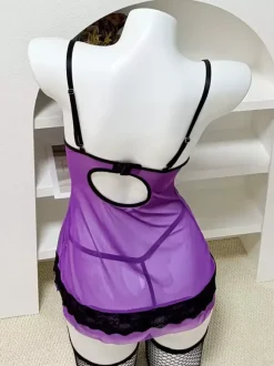 Corset Lingerie Purple Mesh Black Lace Underwire Waist Cinching Bustier Top