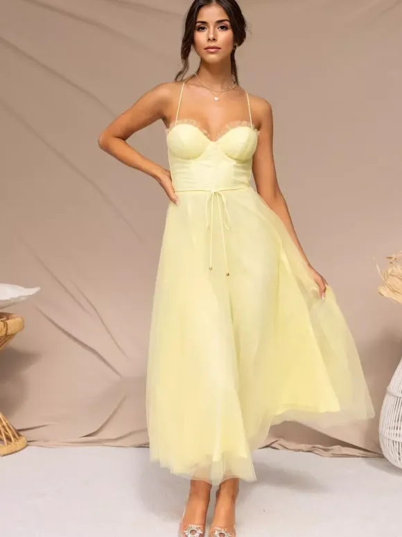Corset Midi Dress Spaghetti Straps Shirred Lace-up Tulle Skirt Dresses