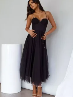 Corset Midi Dress Spaghetti Straps Shirred Lace-up Tulle Skirt Dresses