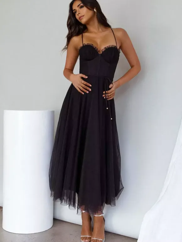 Corset Midi Dress Spaghetti Straps Shirred Lace-up Tulle Skirt Dresses