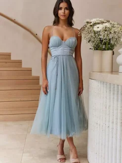 Corset Midi Dress Spaghetti Straps Shirred Lace-up Tulle Skirt Dresses