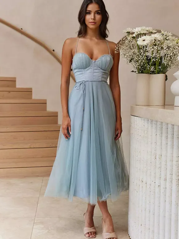 Corset Midi Dress Spaghetti Straps Shirred Lace-up Tulle Skirt Dresses