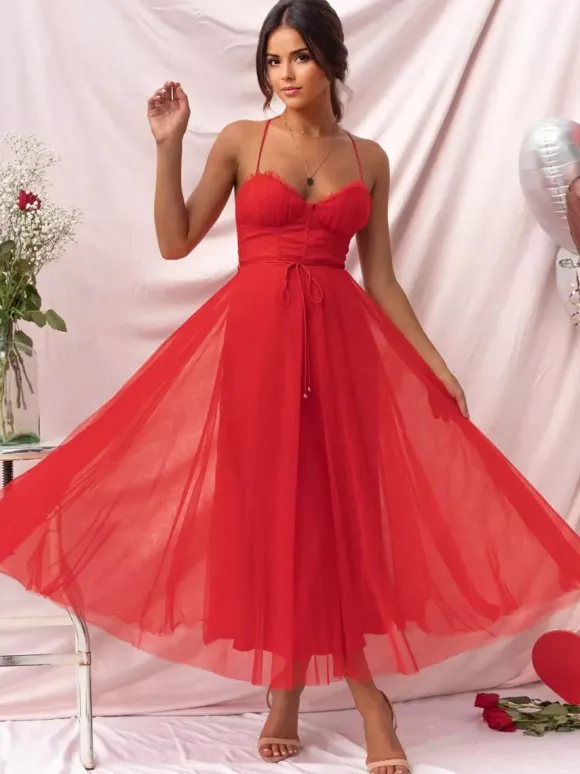 Corset Midi Dress Spaghetti Straps Shirred Lace-up Tulle Skirt Dresses