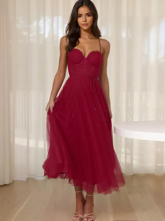 Corset Midi Dress Spaghetti Straps Shirred Lace-up Tulle Skirt Dresses