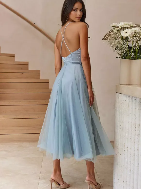 Corset Midi Dress Spaghetti Straps Shirred Lace-up Tulle Skirt Dresses