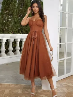 Corset Midi Dress Spaghetti Straps Shirred Lace-up Tulle Skirt Dresses