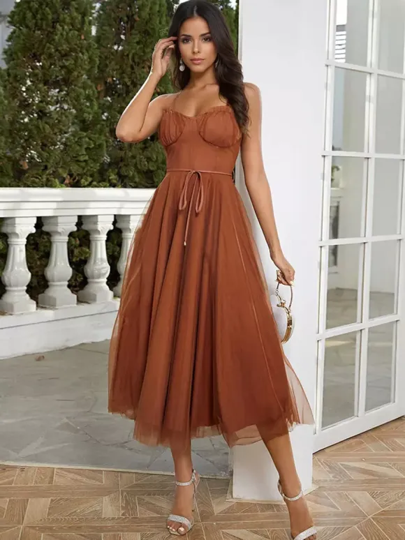 Corset Midi Dress Spaghetti Straps Shirred Lace-up Tulle Skirt Dresses