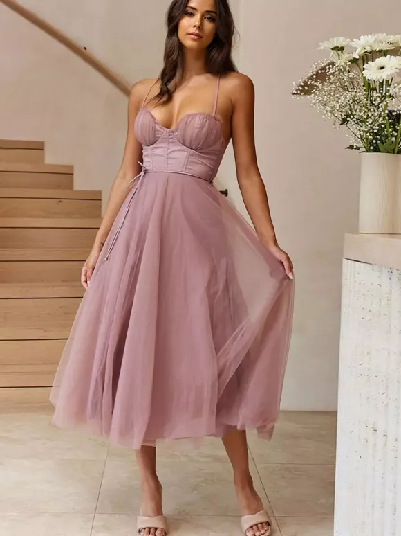 Corset Midi Dress Spaghetti Straps Shirred Lace-up Tulle Skirt Dresses