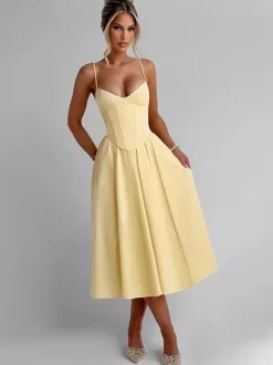 Corset Style Midi Dress Women - Cottagecore Spaghetti Strap Sundress - Summer Garden Wedding Guest Dress 2026