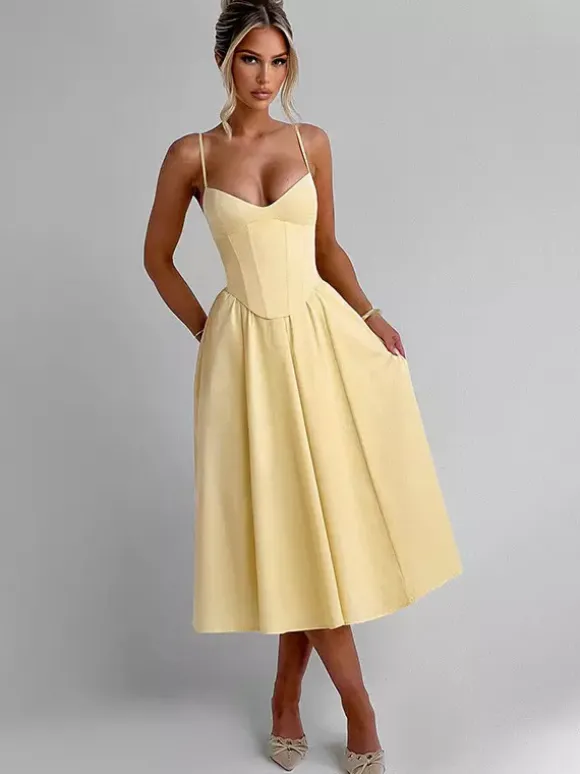 Corset Style Midi Dress Women - Cottagecore Spaghetti Strap Sundress - Summer Garden Wedding Guest Dress 2026