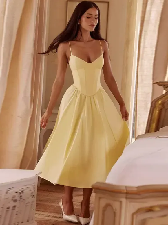 Corset Style Midi Dress Women - Cottagecore Spaghetti Strap Sundress - Summer Garden Wedding Guest Dress 2026