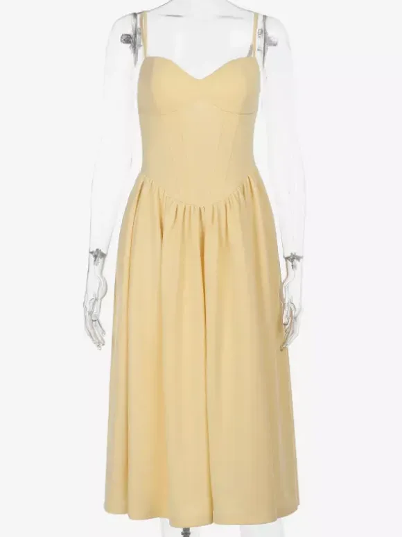 Corset Style Midi Dress Women - Cottagecore Spaghetti Strap Sundress - Summer Garden Wedding Guest Dress 2026
