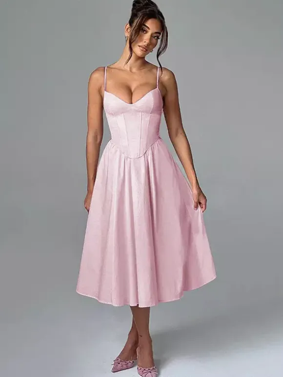 Corset Style Midi Dress Women - Cottagecore Spaghetti Strap Sundress - Summer Garden Wedding Guest Dress 2026