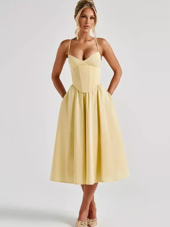 Corset Style Midi Dress Women - Cottagecore Spaghetti Strap Sundress - Summer Garden Wedding Guest Dress 2026