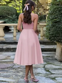 Corset Style Midi Dress Women - Cottagecore Spaghetti Strap Sundress - Summer Garden Wedding Guest Dress 2026