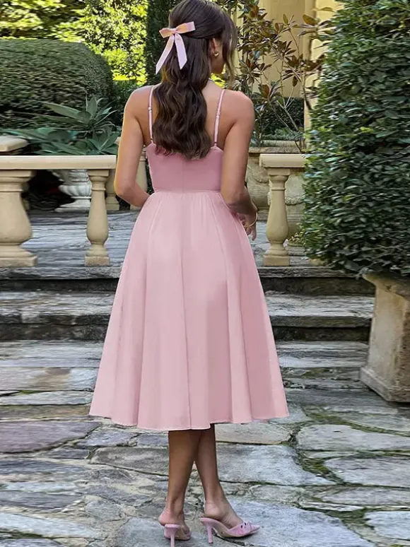Corset Style Midi Dress Women - Cottagecore Spaghetti Strap Sundress - Summer Garden Wedding Guest Dress 2026