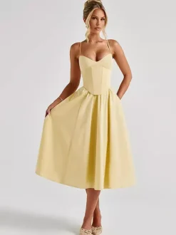 Corset Style Midi Dress Women - Cottagecore Spaghetti Strap Sundress - Summer Garden Wedding Guest Dress 2026