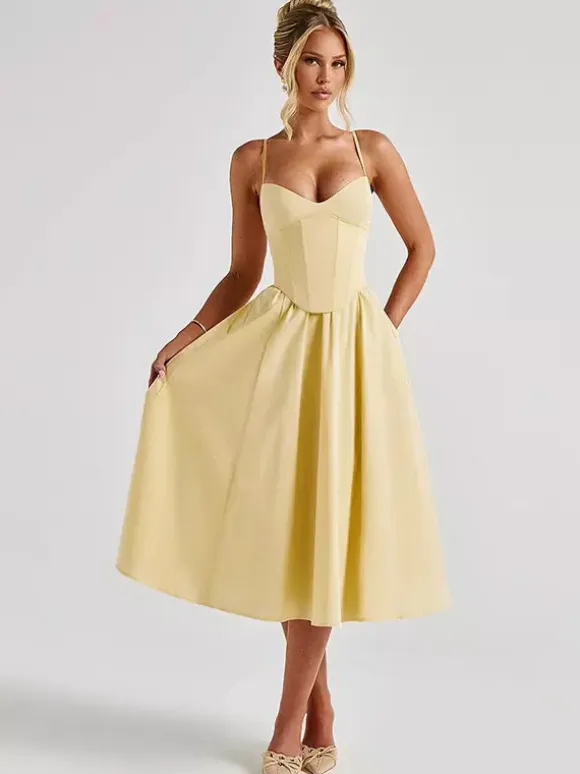 Corset Style Midi Dress Women - Cottagecore Spaghetti Strap Sundress - Summer Garden Wedding Guest Dress 2026